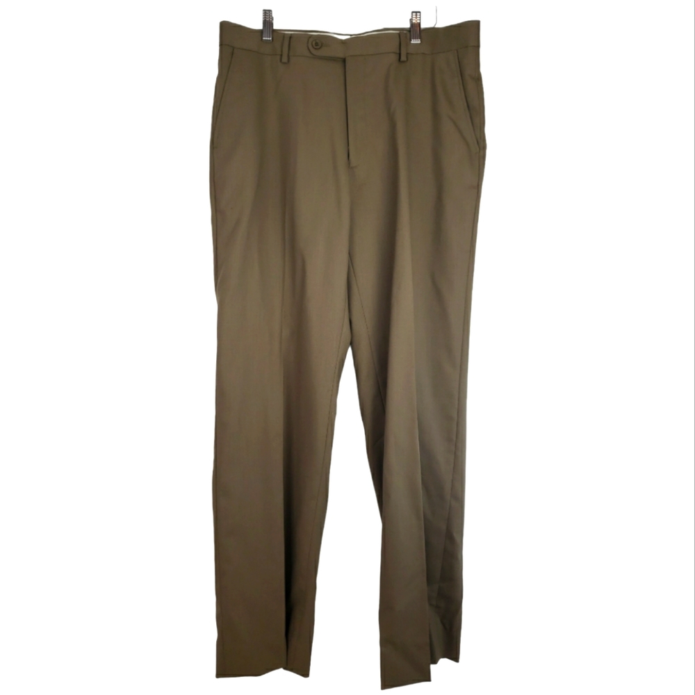 Saks Fifth Avenue 100% Wool Dress Pant Size 36R Flat Front in Khaki